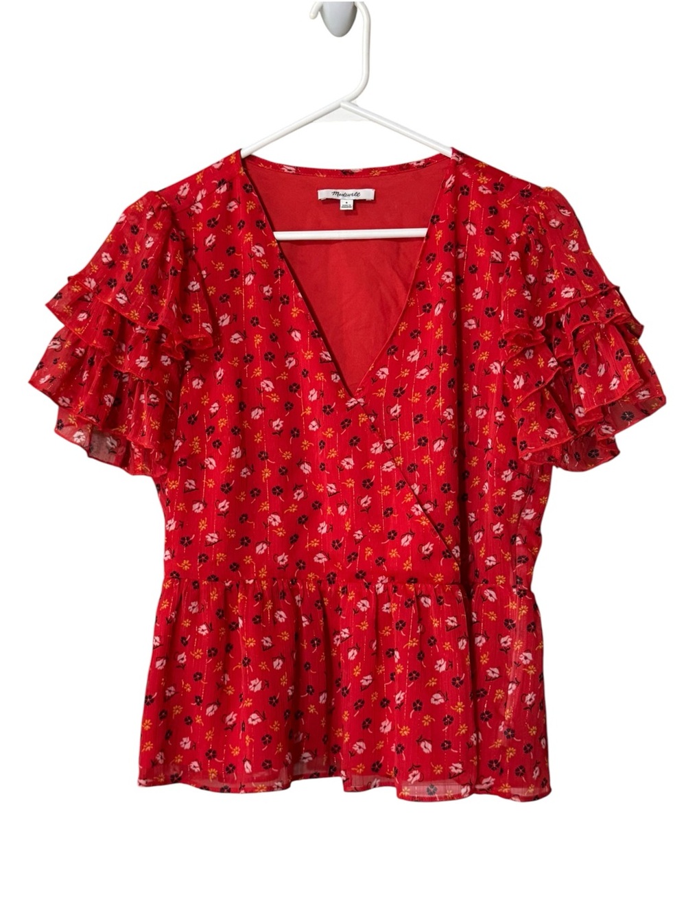 Madewell Women's Red Floral Ruffle Sleeve Chiffon Blouse Size 8 Cottagecore